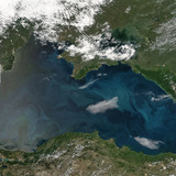 Műholdkép a Fekete-tengeren elszaporodó algákról (bal oldalon)