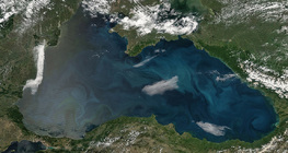 Műholdkép a Fekete-tengeren elszaporodó algákról (bal oldalon)