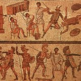 Gladiátorok ábrázolása egy pompeji mozaikon 