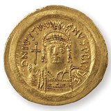 Justinianus bizánci császár (525–565) képmása egy pénzérmén