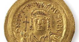 Justinianus bizánci császár (525–565) képmása egy pénzérmén