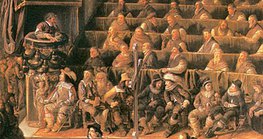 Galilei (a bal felső sarokban) az inkvizíció bírósága előtt