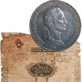 Osztrák váltócédula és ezüstpénz I. Ferenc portréjával