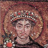 Justinianus császár portréja a San Vitale-templomból (Ravenna, 6. század, bizánci művészet)